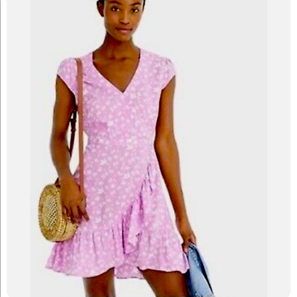 J. CREW PINK FLORAL RUFFLE FRONT FAUX WRAP DRESS